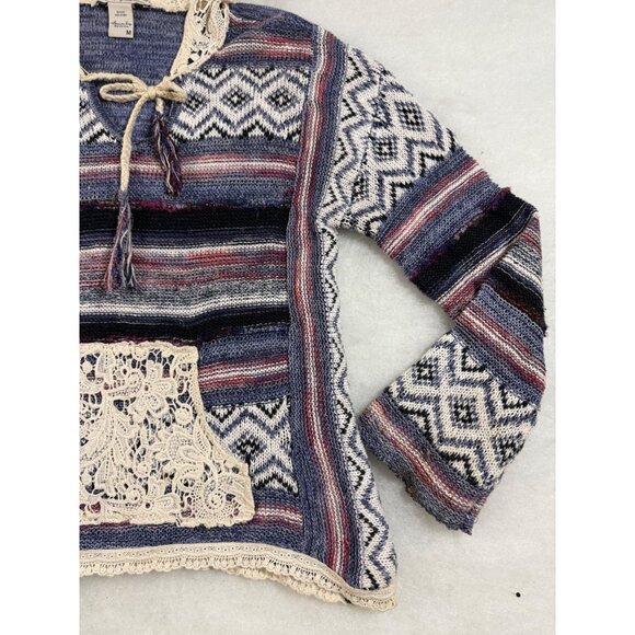 American Rag M Crochet Trim Boho Hoodie Sweater Multicolor Cotton Blend Indie - Picture 4 of 12